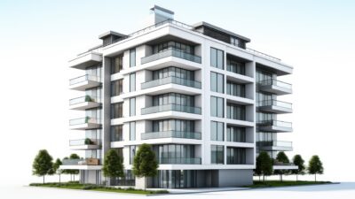 3D rendering of a luxury apartment or condo building, isolated on white background.