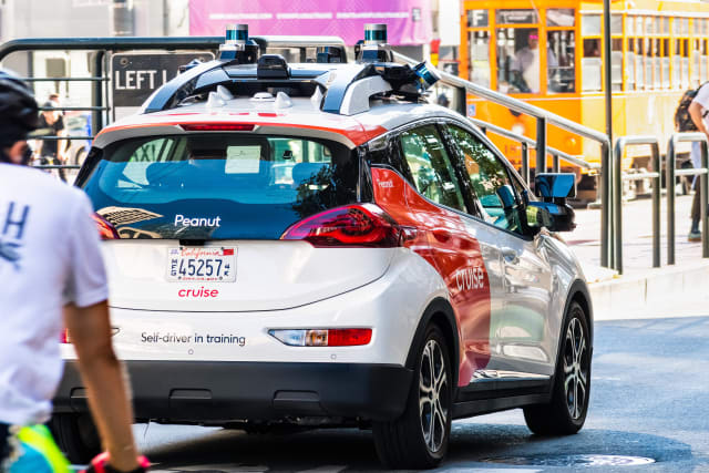 A Cruise autonomous vehicle on the streets of San Francisco in 2019 is under the watchful eye of a human in the driver&rsquo;s seat. In 2020, Cruise vehicles were allowed to operate without anyone in the driver&rsquo;s seat. Stock photo