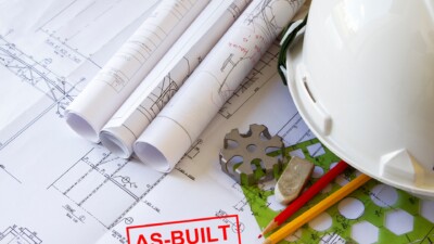 Construction project plans with drawing supplies and a hard hat.