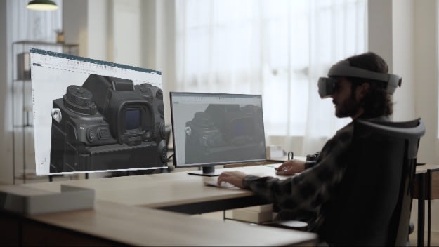 Designing in Siemens NX with a virtual monitor using Sony&rsquo;s SRH-S1 XR headset. (Image: Sony.)